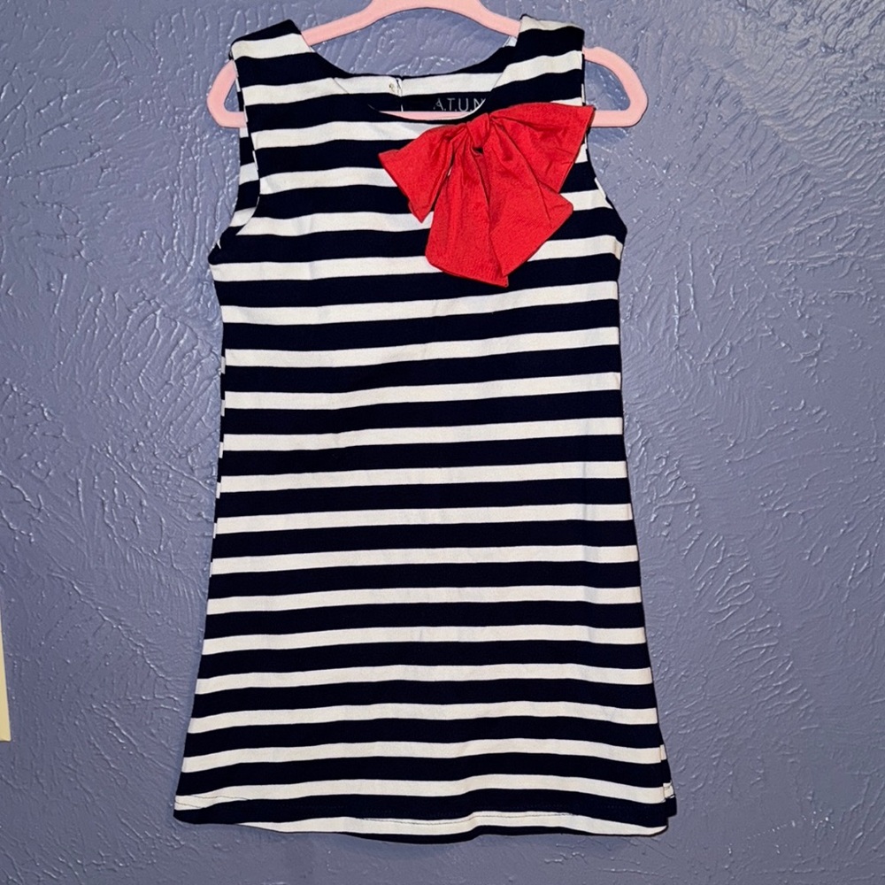 Striped Navy and White Dress with Red Bow